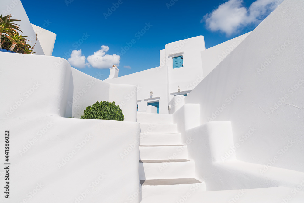 Characteristic white glimpse into the Chora of the Greek island of Sikinos in the Cyclades archipelago