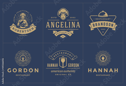 Restaurant logos templates set vector illustration good for menu labels and cafe badges