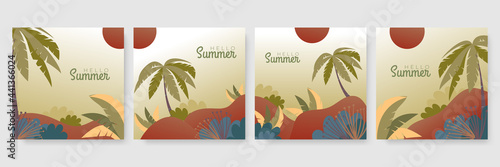 Trendy summer earth tone abstract art templates with floral tree and geometric elements. Suitable for social media posts  mobile apps  banners design and web  internet ads. Fashion backgrounds