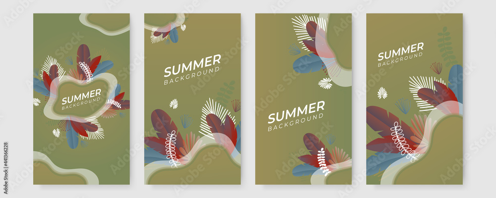 Trendy summer earth tone abstract art templates with floral tree and geometric elements. Suitable for social media posts, mobile apps, banners design and web, internet ads. Fashion backgrounds