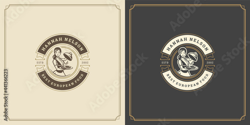 Restaurant logo design vector illustration waitress holding cloche tray silhouette