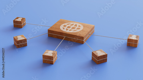 Internet Technology Concept with web Symbol on a Wooden Block. User Network Connections are Represented with White string. Blue background. 3D Render. photo