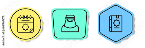 Set line Ramadan calendar, Muslim woman in niqab and Holy book of Koran. Colored shapes. Vector