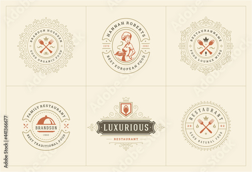Restaurant logos templates set vector illustration good for menu labels and cafe badges