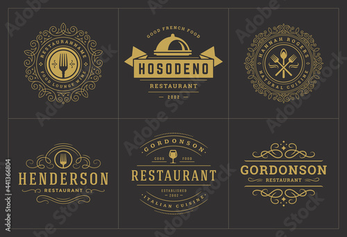 Restaurant logos templates set vector illustration good for menu labels and cafe badges