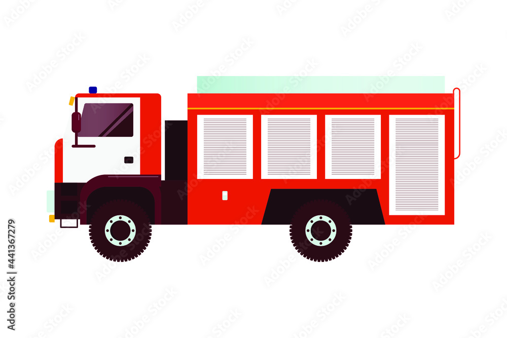 Red Fire Truck Emergency Vehicle. Modern Flat Style Vector Illustration. Social Media Template.