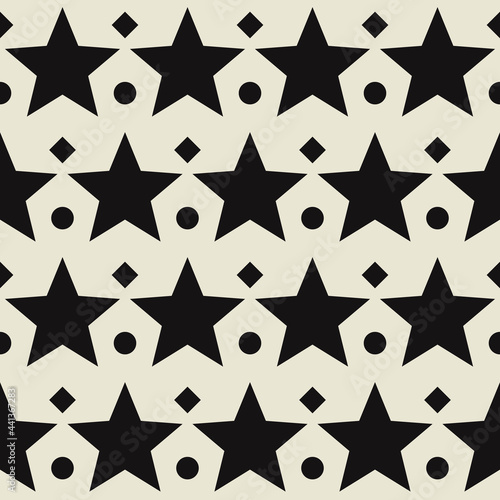 Black stars and small rhombuses and circles. Vector cimple wallpaper with large stars. photo