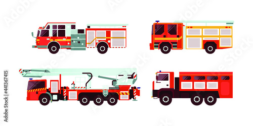 Set of Various Type of Red Fire Truck Emergency Vehicle. Modern Flat Style Vector Illustration.