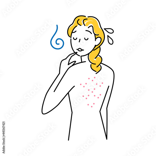 スキンケア 背中にポツポツ（吹き出物・ニキビ）が出来て悲しんでいる可愛い女性 イラスト シンプル ベクター Skin Care. A pretty woman who is sad because she has pimples (boils, acne) on her back. Simple illustration. vector.