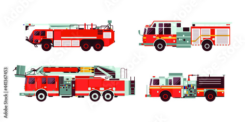 Set of Various Type of Red Fire Truck Emergency Vehicle. Modern Flat Style Vector Illustration.