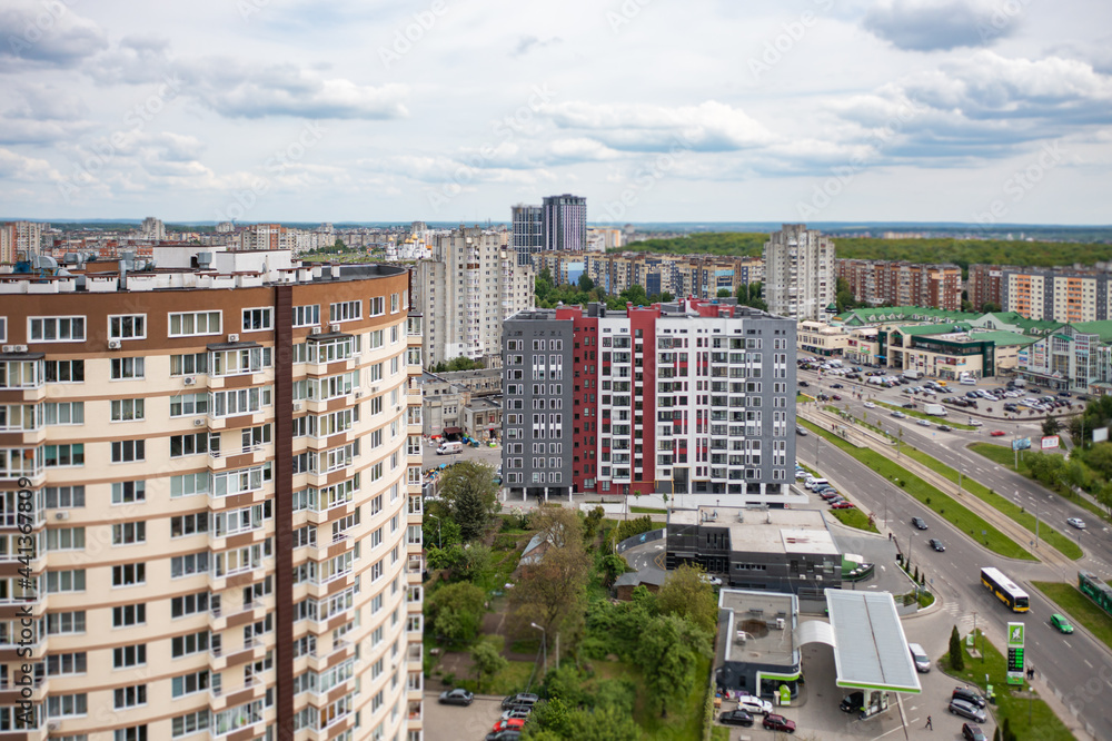 Aerial view on Sykhiv, the largest residential area in Lviv, Ukraine from drone. Chervonoyi Kalyny Avenue Aerial view on Sykhiv, the largest residential area in Lviv, Ukraine from drone. Chervonoyi Kalyny Avenue