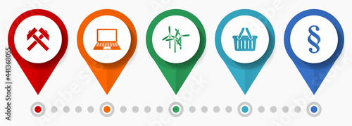 Business, law, industry concept vector icon set, flat design pointers, infographic template