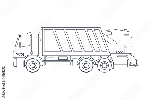 Garbage Truck Vehicle in Line. Modern Flat Style Vector Illustration. Social Media Template.