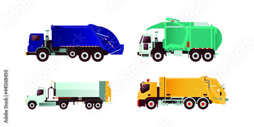 Set of Various Type of Garbage Truck Vehicle. Modern Flat Style Vector Illustration.