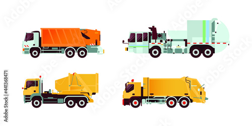 Set of Various Type of Garbage Truck Vehicle. Modern Flat Style Vector Illustration.