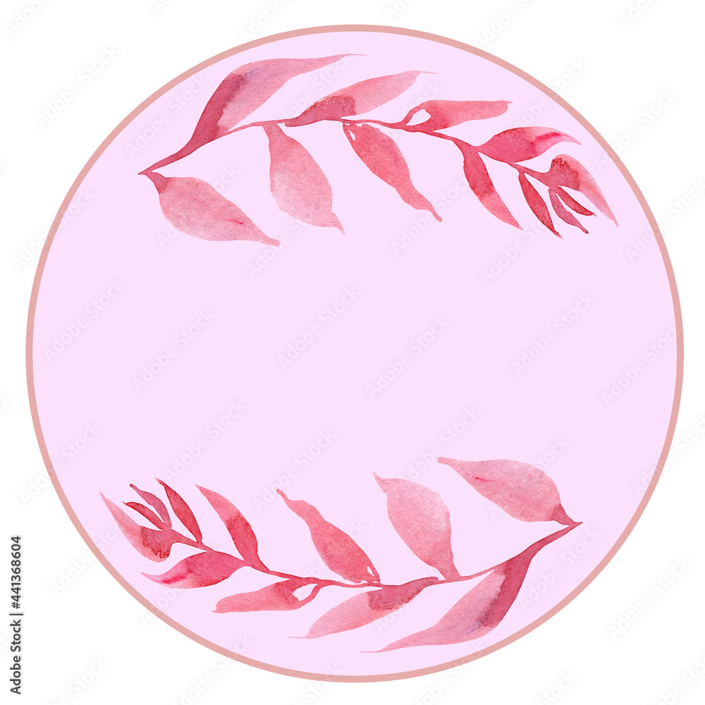 Obraz premium Two watercolor twigs in circle frame for decorating a poster, postcard, lettering, scrapbook, etc.