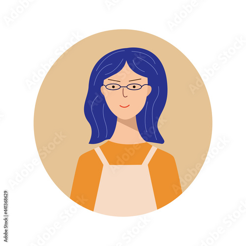 Woman with glasses porter character smiling face. Trendy style illustration for icon, avatars, portrait design.