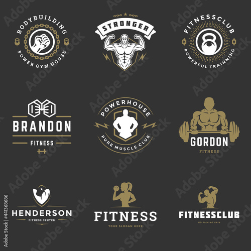 Fitness center and sport gym logos and badges design set vector illustration.