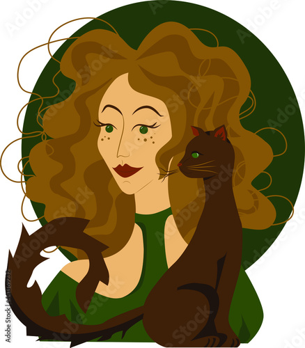 A curly-haired blonde girl in a green dress with a cat.