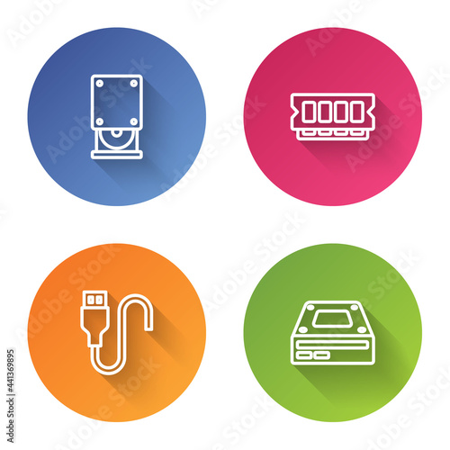 Set line Optical disc drive, RAM, random access memory, USB cable cord and . Color circle button. Vector
