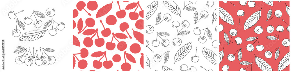 Set of outline and silhouette vector seamless patterns of cherries. Doodle cartoon isolated hand drawn illustration of berries in white, black and red colors Set of outline and silhouette vector seamless patterns of cherries. Doodle cartoon isolated hand drawn illustration of berries in white, black and red colors
