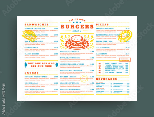 Burger restaurant menu layout design brochure or food flyer template vector illustration