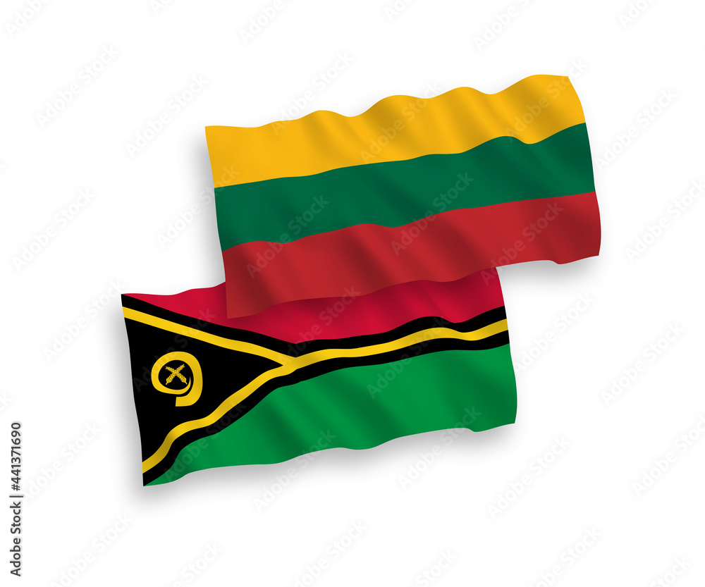 Obraz premium National vector fabric wave flags of Lithuania and Republic of Vanuatu isolated on white background. 1 to 2 proportion.