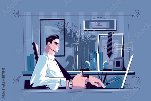 Businessman sitting at workplace vector illustration. Man in biz suit and glasses working with computer in cabinet flat style concept. Modern office interior.