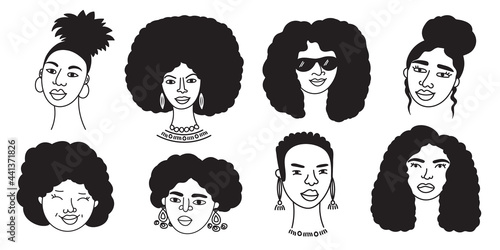 African american woman faces set, hand drawn logos of negroid race women with curly hair.Social media avatars collection, simple icons.Doodle style, minimalism.Isolated.Vector Illustration