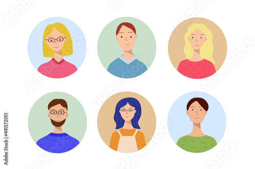 Set of different avatars with men and women. Portraits of people of different ages and looks. Trendy style illustration for icon, avatars, portrait design.