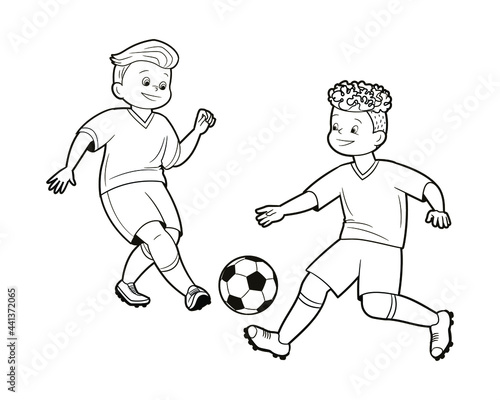 Coloring book, Teenage soccer players kicks soccer ball.Vector illustration in flat cartoon style, comic