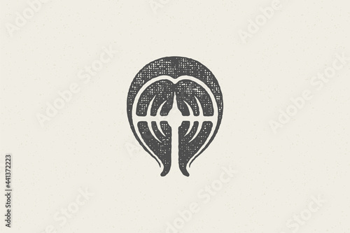 Fresh salmon fish steak silhouette for seafood market and restaurant logo hand drawn stamp effect vector illustration.