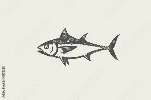 Fresh tuna fish silhouette for food market and seafood restaurant hand drawn stamp effect vector illustration.