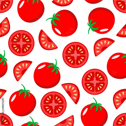 Seamless pattern of red juicy whole tomatoes and slices.
