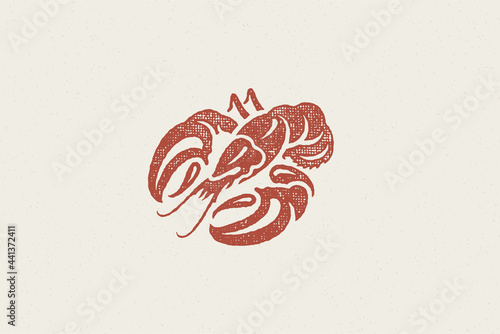 Lobster silhouette for seafood restaurant menu and logo hand drawn stamp effect vector illustration.