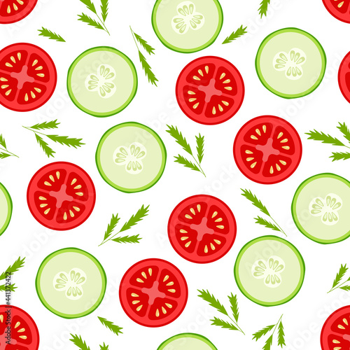 Seamless pattern of fresh slices of tomato cucumber and greens, vector illustration of the concept of a healthy salad vitamins.