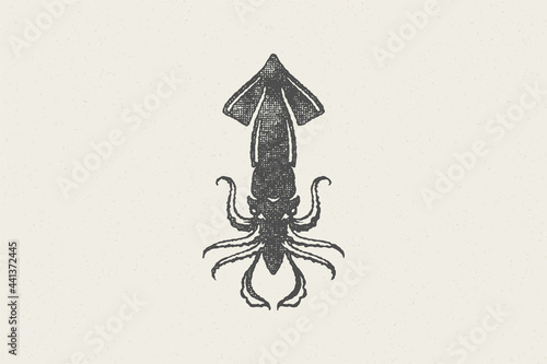 Squid silhouette for food market and seafood restaurant hand drawn stamp effect vector illustration.