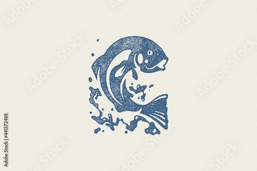 Fish jumping out from water silhouette for fishing club or seafood market hand drawn stamp effect vector illustration.