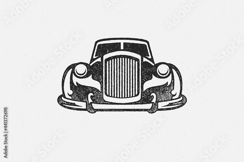 Old classic car silhouette hand drawn ink stamp vector illustration.