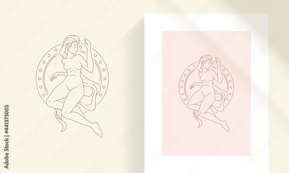 Female with round frame line art style vector illustration Female with round frame line art style vector illustration