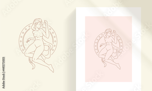 Female with round frame line art style vector illustration