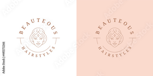 Beauty magic female portrait logo emblem design template vector illustration in minimal line art style