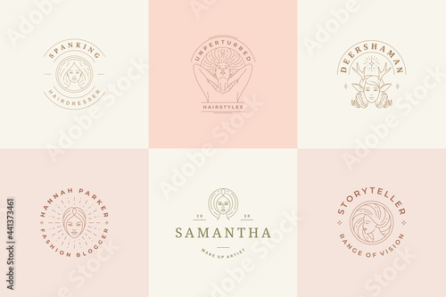 Feminine logos emblems design templates set with celestial woman portraits vector illustrations minimal linear style.