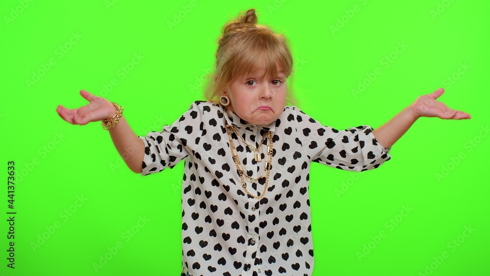 No idea, I dont know answer. Puzzled clueless uncertain blonde kid child raising hands in helpless gesture, embarrassed confused by difficult question. Teenager children girl on chroma key background No idea, I dont know answer. Puzzled clueless uncertain blonde kid child raising hands in helpless gesture, embarrassed confused by difficult question. Teenager children girl on chroma key background