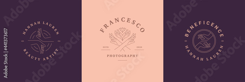 Feminine logos emblems design templates set with female hands gestures vector illustrations minimal line art style