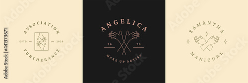 Feminine logos emblems design templates set with female hands gestures vector illustrations minimal linear style