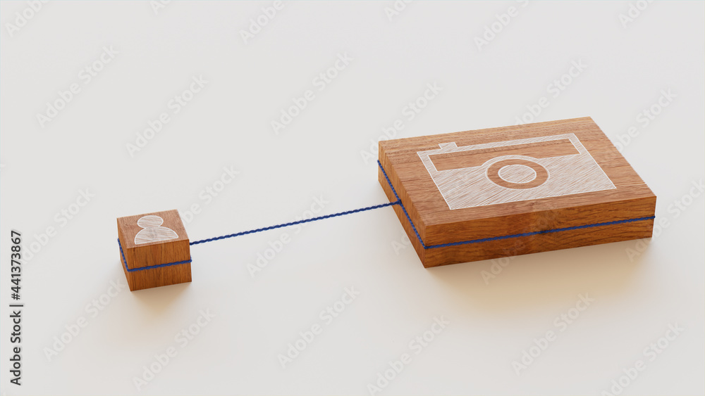 Photo Technology Concept with camera Symbol on a Wooden Block. User Network Connections are Represented with Blue string. White background. 3D Render. Photo Technology Concept with camera Symbol on a Wooden Block. User Network Connections are Represented with Blue string. White background. 3D Render.