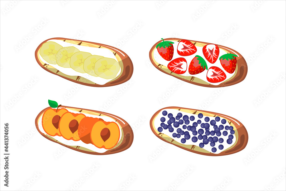 Sweet bruschetta with banana, peach, strawberry, blueberry, cream cheese. sandwich set. Tasty breakfast toast Sweet bruschetta with banana, peach, strawberry, blueberry, cream cheese. sandwich set. Tasty breakfast toast