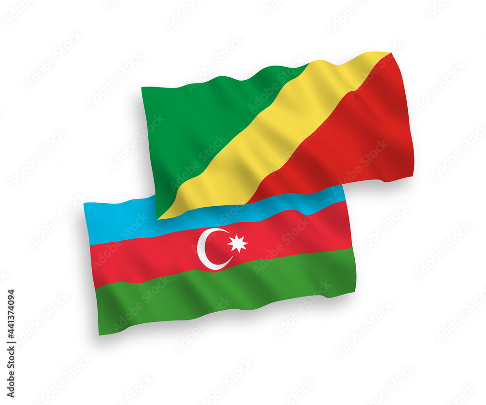 National vector fabric wave flags of Republic of the Congo and Azerbaijan isolated on white background. 1 to 2 proportion.