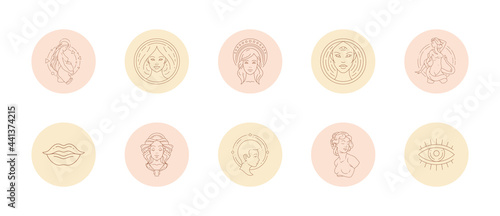Set of icons and emblems for social media stories highlight covers in linear style vector illustration.